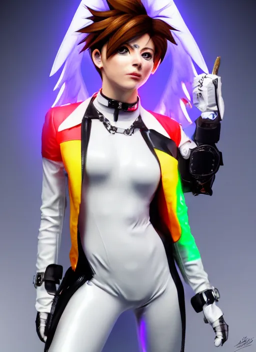 Image similar to portrait bust digital artwork of tracer overwatch, wearing white iridescent rainbow latex and leather straps catsuit outfit, 4 k, expressive happy smug expression, makeup, in style of mark arian, angel wings, wearing detailed black leather collar, chains, black leather harness, detailed face and eyes,