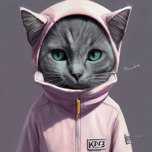 Prompt: head and shoulders masterpiece portrait of a cute adorable gray cat wearing a pink spacesuit, surreal background, digital art by krenz cushart, trending on artstation, cgsociety,