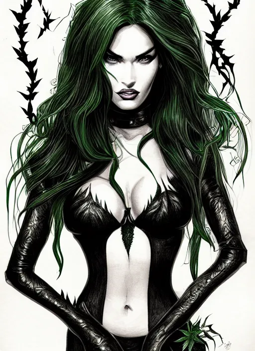 Image similar to symmetrical concpet art, full shot, traditional ink, sketch, of megan fox as poison ivy, line sketch, intricate, elegant, highly detailed, monochrome, digital painting, artstation, concept art, green, black, red ink sharp focus, illustration, art by borderlands 3 and peter polach