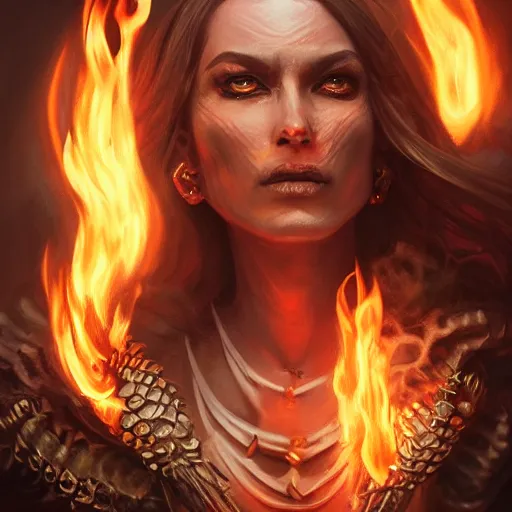 Prompt: Closeup of realistic Sumerian Death Queen with small bones covering vest and flowing fire and smoke , fantasy, intricate, elegant, highly detailed, digital painting, artstation, concept art, matte, sharp focus, illustration, hearthstone, art by Artgerm and Greg Rutkowski and peter mordenbacher