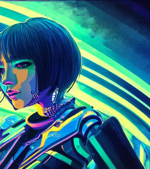 Prompt: beautiful closeup portrait of a black bobcut hair style futuristic jenna ortega in a blend of 8 0 s anime - style art, augmented with vibrant composition and color, filtered through a cybernetic lens, by hiroyuki mitsume - takahashi and noriyoshi ohrai and annie leibovitz, dynamic lighting, flashy modern background with black stripes