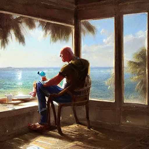 Image similar to a painting of a man sitting down and having a cup of tea in his house by the beach, by greg rutkowski, b - - width 7 6 8