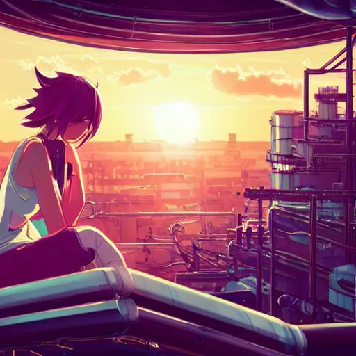 Prompt: android mechanical cyborg anime girl child overlooking overcrowded urban dystopia sitting on a pipe. long flowing soft hair. scaffolding. pastel pink clouds baby blue sky. gigantic future city. raining. makoto shinkai. wide angle. distant shot. purple sunset. perfectly circular sun. sunset ocean reflection.