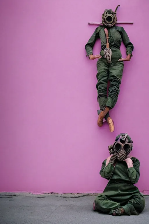 Image similar to a surreal portrait of intertwined and contorted figures wearing gas mask next to a pink wall in the style of brooke didonato, editorial fashion photography from vogue magazine, full shot, nikon d 8 1 0, ƒ / 2. 5, focal length : 8 5. 0 mm, exposure time : 1 / 8 0 0, iso : 2 0 0