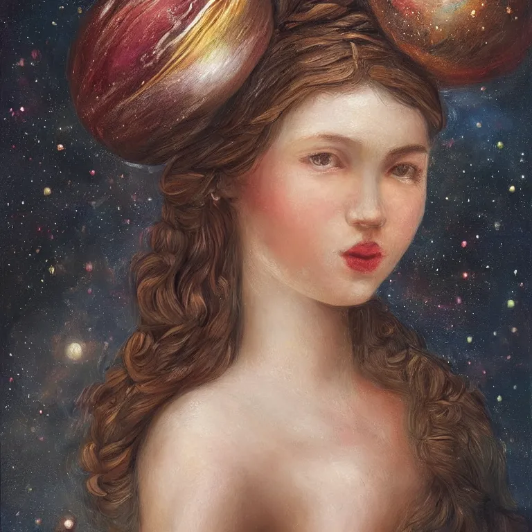 Image similar to a beautiful portrait of a girl on whose head a space and cosmic places like ganache, planets like a whipped frosting or filling made with semisweet chocolate and cream, used for cakes, pastries, and candies, highly detailed, fantasy art