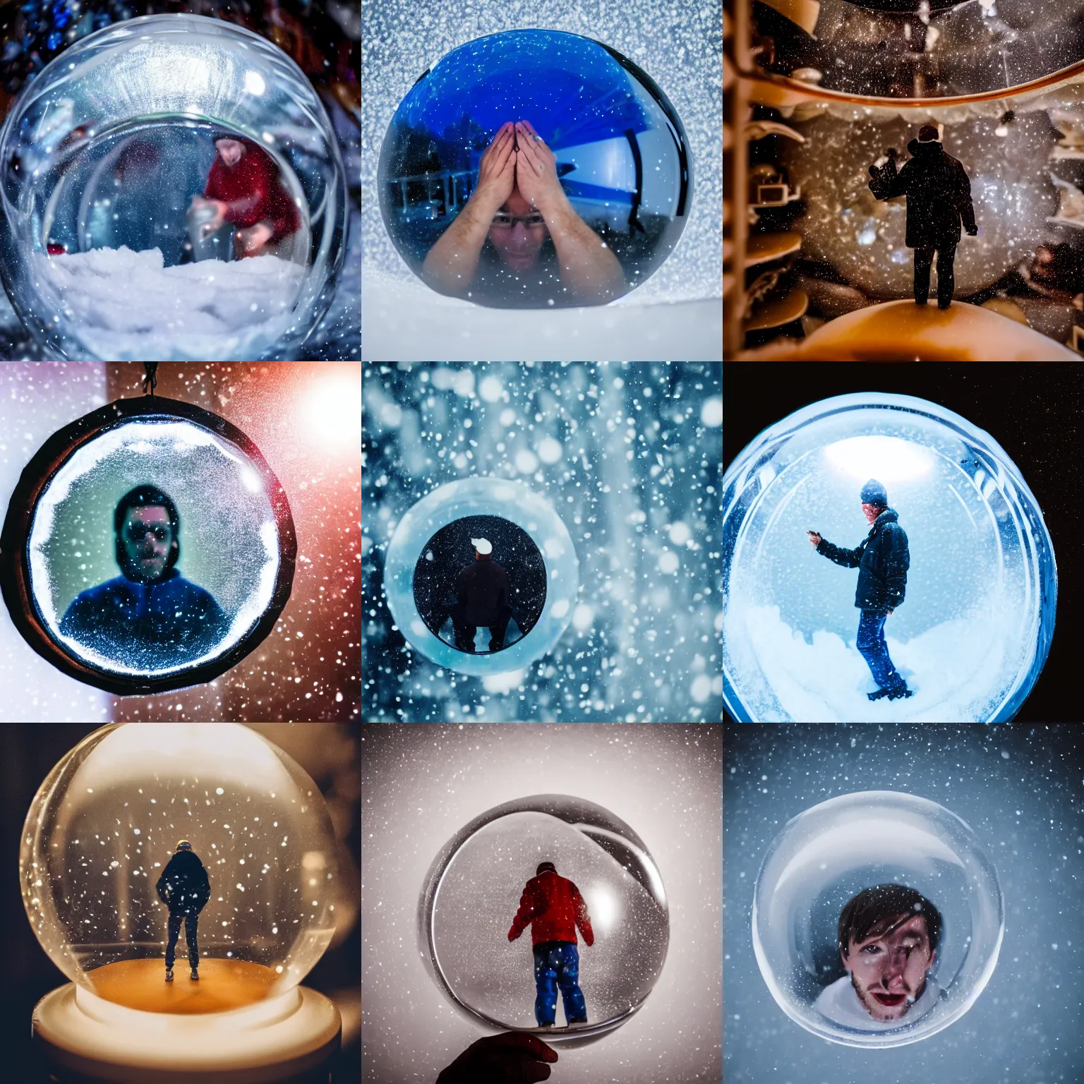 Prompt: man inside a giant snowglobe on a shelf, macro photography