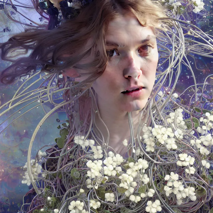 Prompt: hyperrealist portrait of a 2 0 4 4 space sport engineer, it is decorated with long wires and white flowers that fall like vines and wears a huge computer crown. by jeremy mann and alphonse mucha, fantasy art, photo realistic, dynamic lighting, artstation, poster, volumetric lighting, very detailed faces, 8 k, award winning