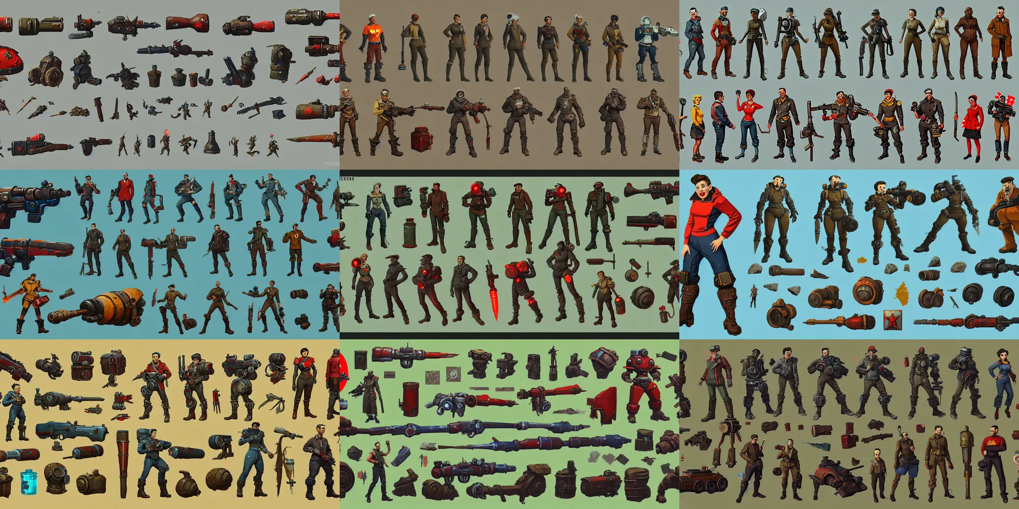 Prompt: game asset of fallout weapon soviet style, in gouache detailed paintings, props, stylized, 2 d sprites asset sheet, kitbash, arcane, prop rocks, overwatch, many color scheme, 8 k, close up