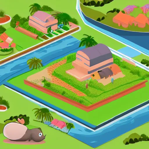 Prompt: isometric view of an island full of guinea pigs and rabbits