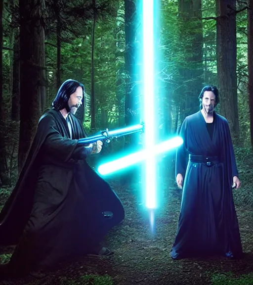 Image similar to keanu reeves as a jedi master with a blue lightsaber fighting a sith lord in an ancient bioluminescent forest, perfect symmetrical face, full moon, moody lighting, 8 k, shallow depth of field, intricate detail,