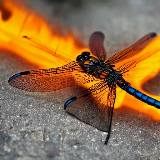 Prompt: Dragonfly made of fire