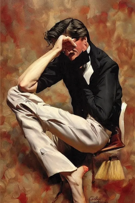 Image similar to tarantino caressing feet,'bare feet '!!!! painting by jc leyendecker!! phil hale!, angular, brush strokes, painterly, vintage, crisp