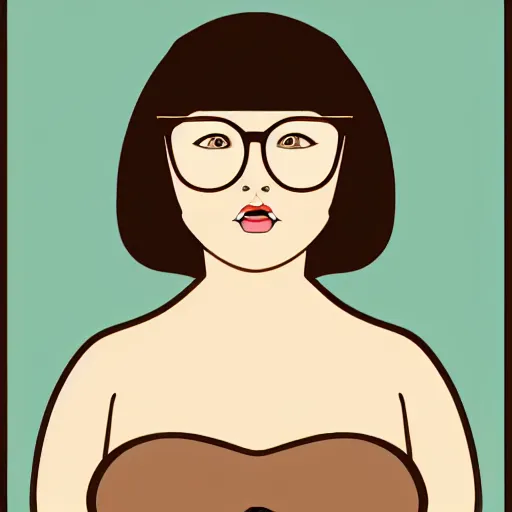 Prompt: A portrait of a plump woman, a cute stylised woman with straight brown hair in a Bob, no bangs, brown eyes, large glasses, full face, olive skin, romanian heritage, cartoon, simple, digital art, wide shot, full body , 8k, by mucha