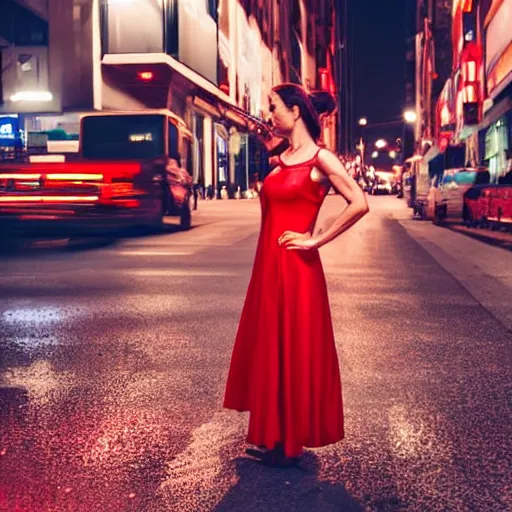 Prompt: a beautiful woman in a red dress standing on a bustling cyberpunk city street at night