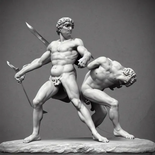 Prompt: greek statue of cerberus fighting Hercules, historical artwork, museum art, rome greece, artstation, tumblr