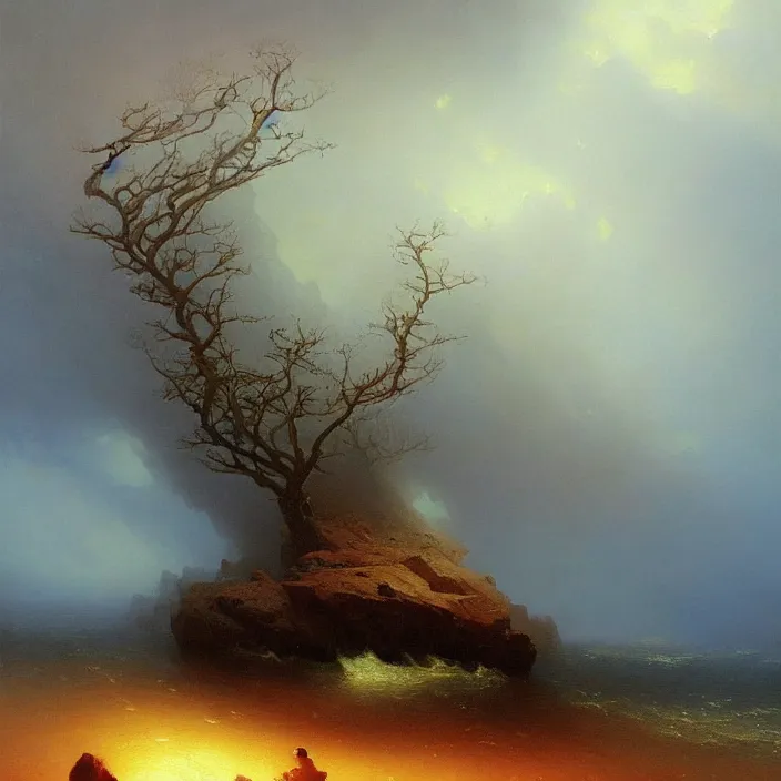 Image similar to a beautiful painting of the world tree on the red sea by ivan aivazovsky and greg rutkowski! and james gurney, in style of impressionism. highly detailed face. fantasy, elden ring, hyper detailed, sharp focus, soft light. ray tracing. trending on artstation. oil on canvas