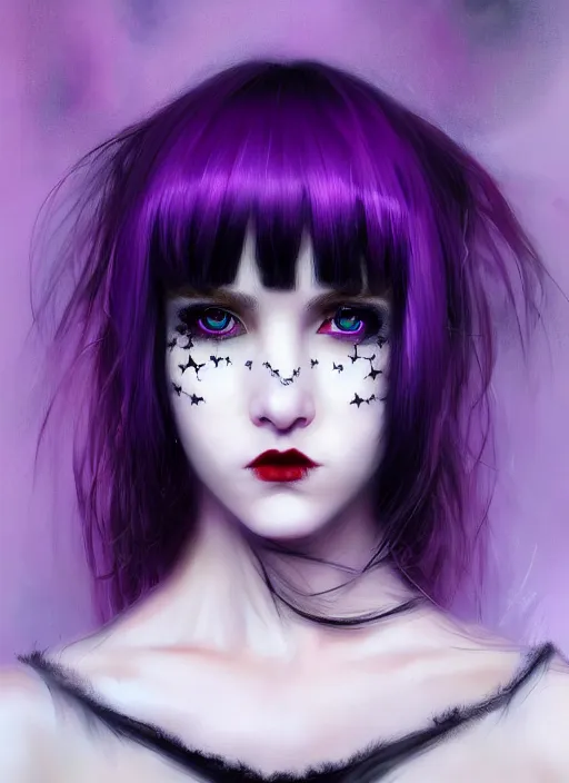 Image similar to portrait of white teenage girl, normal face, white bangs, mall goth, cyberlox, black and white hair, bangs, fluffy bangs, red contact lenses, purple lipstick, intricate, elegant, highly detailed, digital painting, artstation, concept art, sharp focus, smooth, illustration, art by wlop, mars ravelo and greg rutkowski