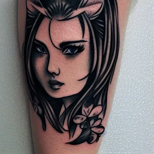 Image similar to tattoo design, stencil, beautiful japanese girls face, ivy surrounding by artgerm, artgerm, cat girl, anime