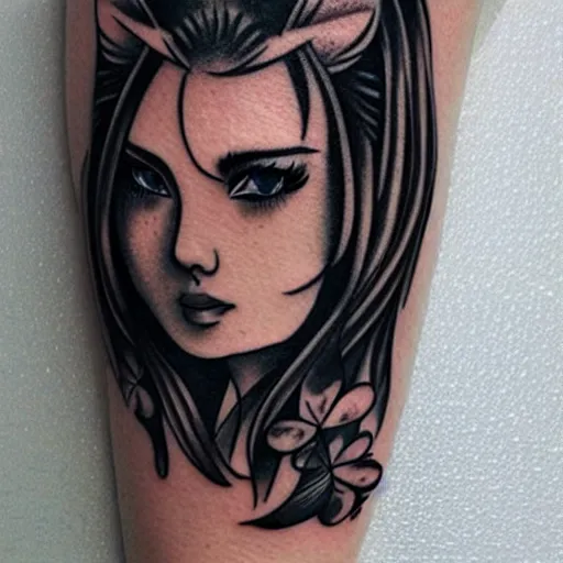 Prompt: tattoo design, stencil, beautiful japanese girls face, ivy surrounding by artgerm, artgerm, cat girl, anime