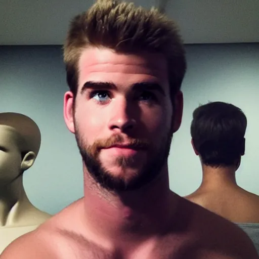 Image similar to “ a realistic detailed photo of a guy who is an attractive humanoid who is half robot and half humanoid, who is a male android, actor liam hemsworth, shiny skin, posing like a statue, blank stare, at the museum, on display ”