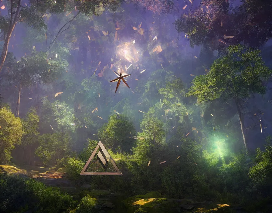 Prompt: flying geometric shiney triangle in forest, beautiful graphics, fantasy artwork, very beautiful scenery, hd, hdr, ue 5, ue 6, unreal engine 5, cinematic 4 k wallpaper, 8 k, ultra detailed, by popular digital, details, beautiful image ever created, high resolution, artstation, award winning