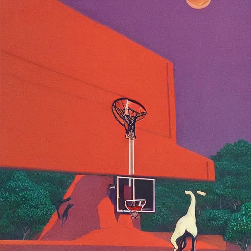 Image similar to a colorful illustration of animals playing basketball, by kawase hasui, Edward Hopper and James Gilleard, Zdzislaw Beksinski, Steven Outram colorful flat surreal design, hd, 8k, artstation