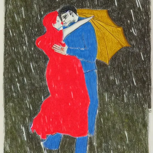 Prompt: A beatiful drawing of a man and woman embracing in the rain. by Haroon Mirza, by Ed Emshwiller lively