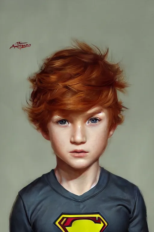 Image similar to a little boy with a michievous face and ginger hair. he is dressed as a superhero. clean elegant painting, beautiful detailed face. by artgerm and greg rutkowski