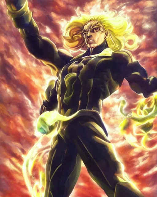 Image similar to portrait of dio from jojo bizzare adventure painted by hirohiko araki and greg rutkowski