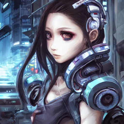 Prompt: dynamic composition, motion, ultra-detailed, incredibly detailed, a lot of details, amazing fine details and brush strokes, colorful and grayish palette, smooth, HD semirealistic anime CG concept art digital painting, watercolor oil painting of Clean and detailed post-cyberpunk sci-fi close-up cyborg vampire girl in asian city in style of cytus and deemo, blue flame, relaxing, calm and mysterious vibes,, by a Chinese artist at ArtStation, by Huang Guangjian, Fenghua Zhong, Ruan Jia, Xin Jin and Wei Chang. Realistic artwork of a Chinese videogame, gradients, gentle an harmonic grayish colors. set in half-life 2, Matrix, GITS, Blade Runner, Neotokyo Source, Syndicate(2012), dynamic composition, beautiful with eerie vibes, very inspirational, very stylish, with gradients, surrealistic, dystopia, postapocalyptic vibes, depth of field, mist, rich cinematic atmosphere, perfect digital art, mystical journey in strange world
