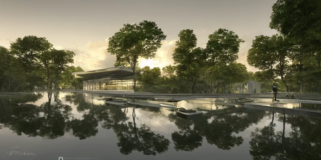 Image similar to a stunningly detailed arts center designed by Le Corbusier, surrounded by lush green forest, ponds of water, stunning volumetric lighting, sunset, metal, concrete, stunning skies, trending on Artstation, 8k, photorealistic, hyper detailed, unreal engine 5, IMAX quality, cinematic, epic lighting, in the style of Greg Rutkowski