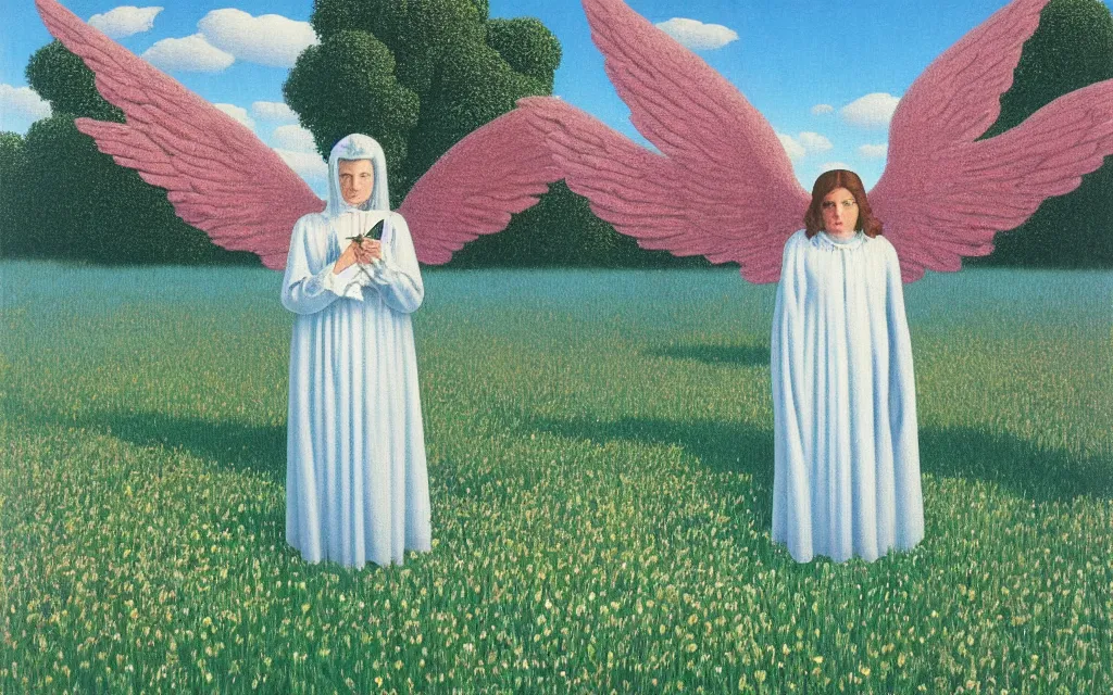 Prompt: angel of death looking at you in distance in beautiful meadow of flowers, detailed painting by rene magritte