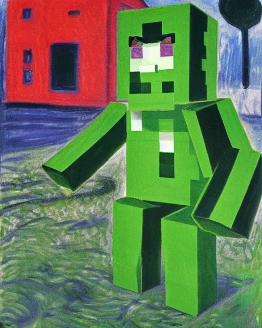 Prompt: minecraft creeper standing in a field by edvard munch