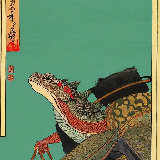 Image similar to a painting of a komodo dragon wearing samurai garb and a ronin straw hat in an ukiyo e style