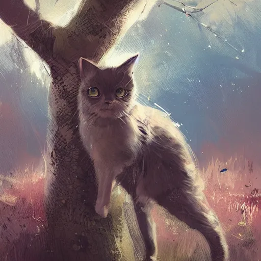 Prompt: A very pretty cat near a tree in the countryside on a windy day by Ismail Inceoglu, cgsociety, mixed media, award winning