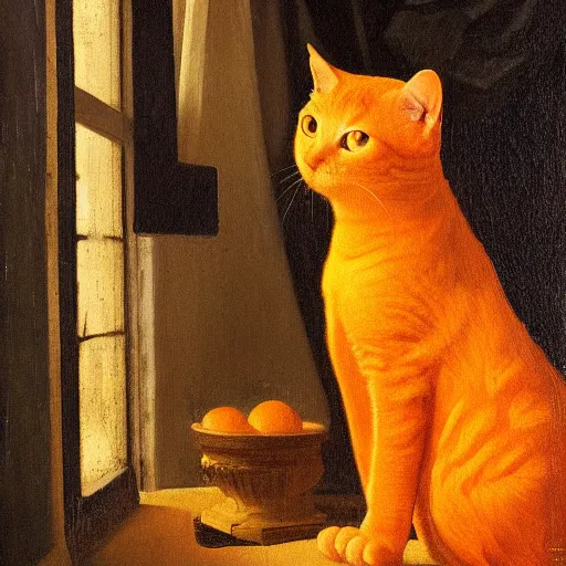 Image similar to a painting of an orange cat staring profoundly into the window, a detailed painting by johannes vermeer, behance, american scene painting, dutch golden age, detailed painting, academic art