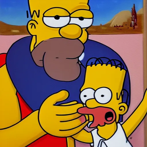 Image similar to a painting of homer simpson eating bart simpson in the style of saturn devouring his son