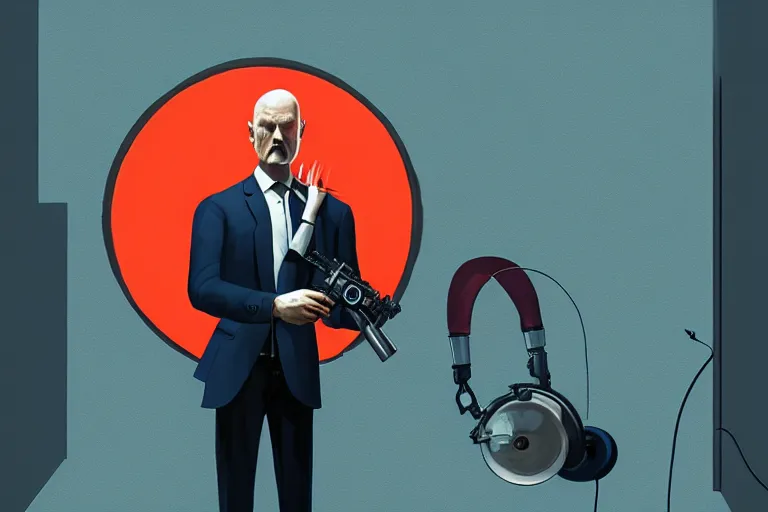 Prompt: an expressive portrait of agent 4 7 from hitman wearing headphones and holding a handgun in front of a wall of vinyl records, blue rim light, digital art, artstation, art by giger stalenhag