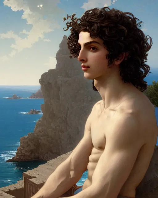 Image similar to young greek man, long curly hair, elegant ancient greek dress, very detailed, coast as the background, beautiful, intricate, cinematic, artstation, william bouguereau, alphonse mucha, greg rutkowski, rossdraws, octane render