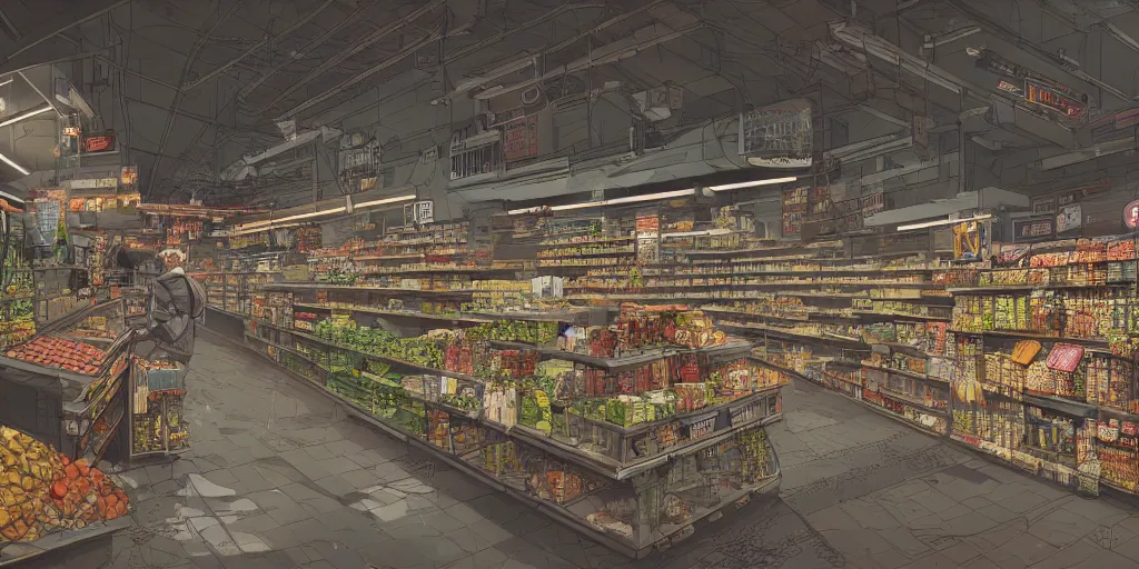 Image similar to cyberpunk grocery store overview mapa design, Moebius, Greg Rutkowski, Zabrocki, Karlkka, Jayison Devadas, Phuoc Quan, trending on Artstation, 8K, ultra wide angle, pincushion lens effect