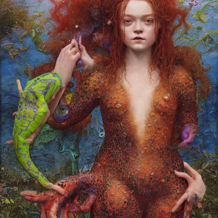 Prompt: a portrait photograph of sadie sink as a brightly colored amphibian hybrid with wet mutated skin. wearing a catsuit many body modifications. by tom bagshaw, donato giancola, hans holbein, walton ford, gaston bussiere, brian froud, peter mohrbacher and magali villeneuve. 8 k, cgsociety