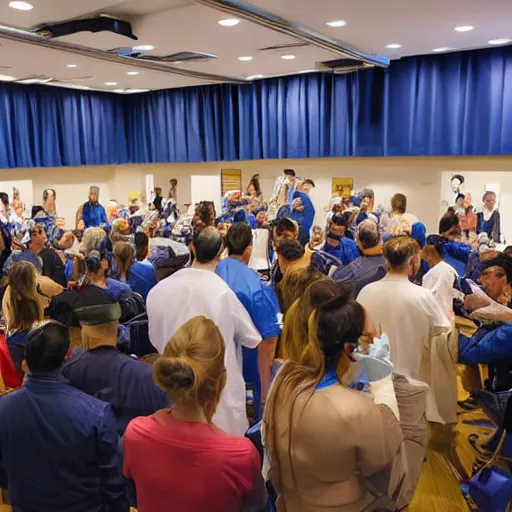 Image similar to doctors playing music with instruments made out of clear tubing, syringes, urine collection bag, iv pole, fluid bag, nebulizer equipment, bag - valve mask, intubation equipment, speculum, defibrillator, coban, flexiseal, picc dressing. capacity crowd at concert in surgical theater.