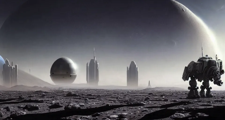 Prompt: hyper realistic sci - fi matte concept art painting of battlemech walking on the surface of the moon with a domed city in the background, beautiful details, strong composition painted by kim jung guweta studio rutkowski, james gurney and greg rutkowski, and lucasfilm, smooth, intricate, detailed, sharp focus, cinematic