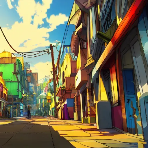 Prompt: a street from an anime movie, vibrant colors, in the style of Surendra Rajawat on ArtStation, 4k,