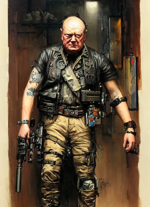 Image similar to winston churchill. cyberpunk mercenary with tattoos wearing a military vest and combat jumpsuit. (Cyberpunk 2077, bladerunner 2049). Iranian orientalist portrait by john william waterhouse and Edwin Longsden Long and Theodore Ralli and Nasreddine Dinet, oil on canvas. Cinematic, hyper realism, realistic proportions, dramatic lighting, high detail 4k