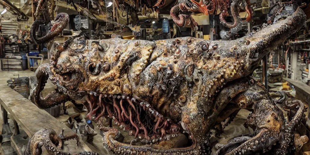 Image similar to low wide angle photo taken of an epic intricate, ultra detailed, super realistic gritty, hero prop, exquisitely painted animatronic movie prop of a wet slimy grotesque nightmarish hellish mutant cephalopod creature displayed in the workshop, created by weta workshop, full body shot, photorealistic, sharp focus