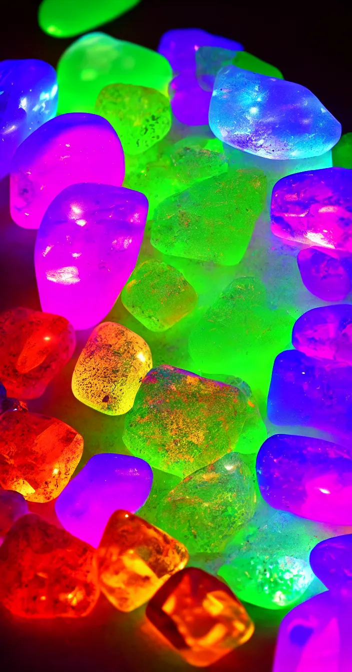 Prompt: realistic photo of colorful transparent stones, glowing light from behind, very sharp focus, in the style of greg rutswoski, very hyper realistic, highly detailed, fantasy art station