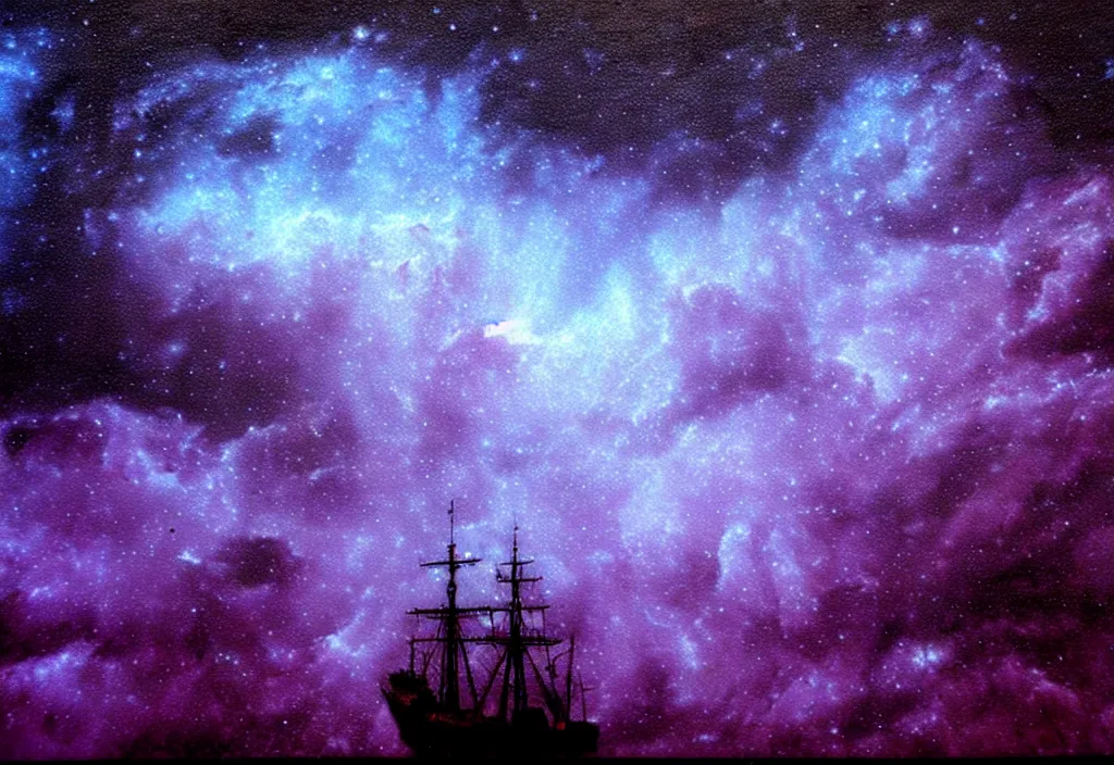 Prompt: purple color lighting storm with stormy sea close up of a pirate ship trippy nebula sky by banksy