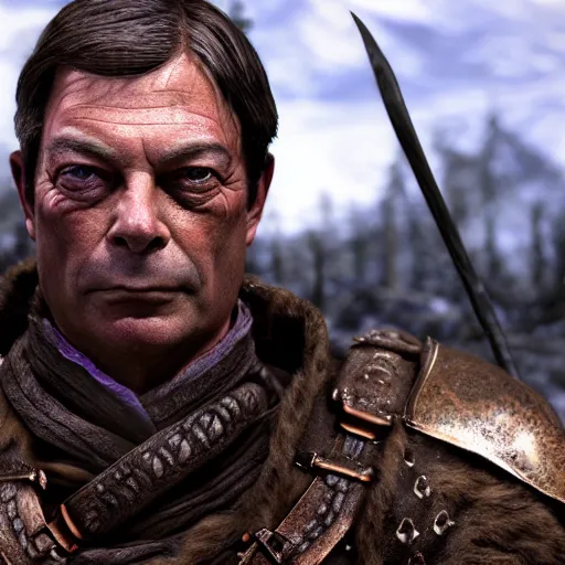 Image similar to nigel farage as a warrior in skyrim splash art, movie still, cinematic lighting, dramatic, octane render, long lens, shallow depth of field, bokeh, anamorphic lens flare, 8 k, hyper detailed, 3 5 mm film grain