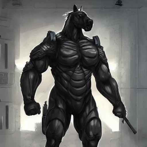 Prompt: splash art of a black - coated anthropomorphic horse supersoldier with gargantuan muscles in a research facility wearing a combat kevlar outfit, highly detailed, furry, furaffinity, digital painting, artstation, illustration, art by artgerm, greg rutkowski, wlop